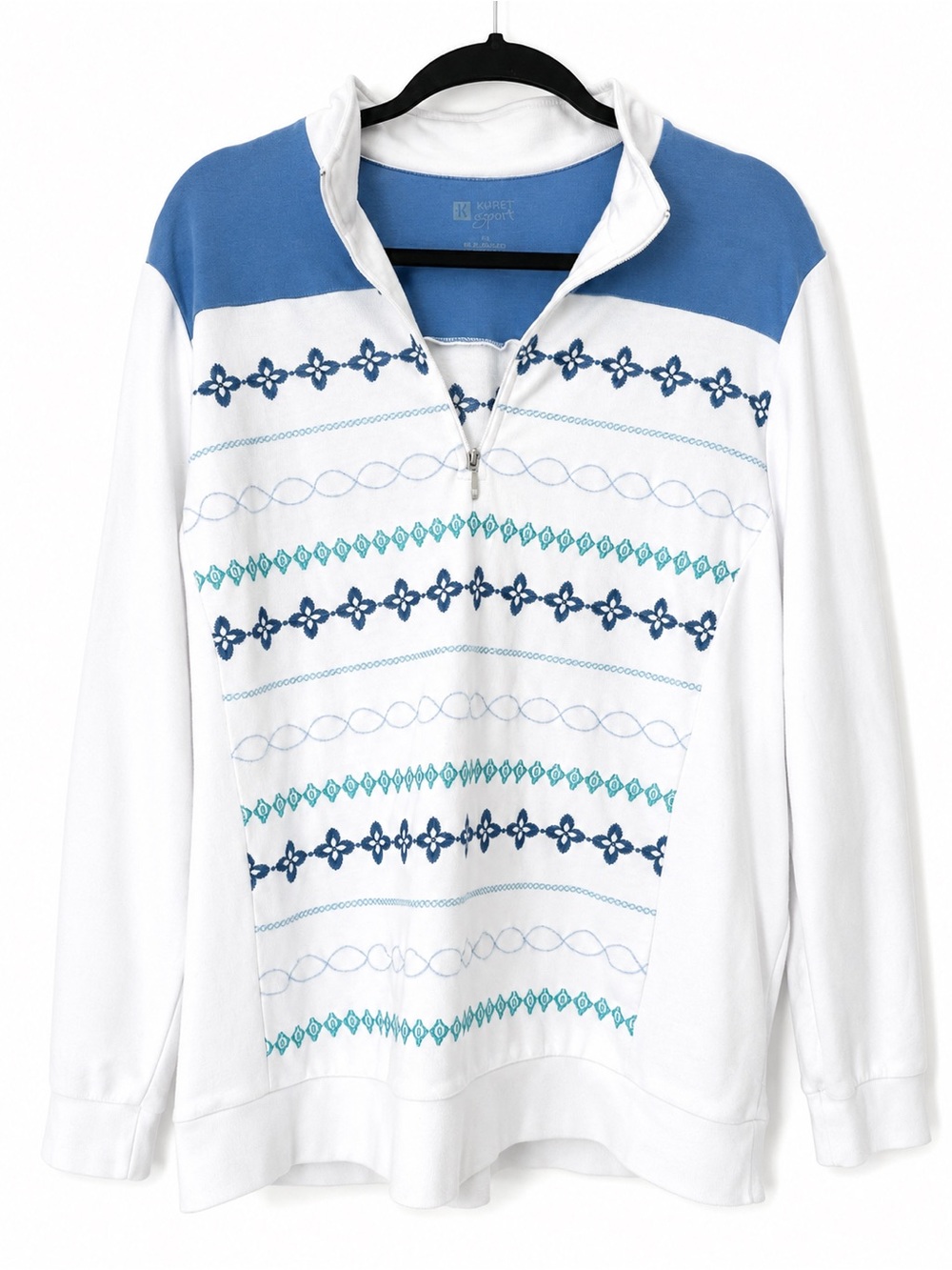 Koret Sport Vintage Floral Embroidered Quarter Zip Sweatshirt White Blue XL